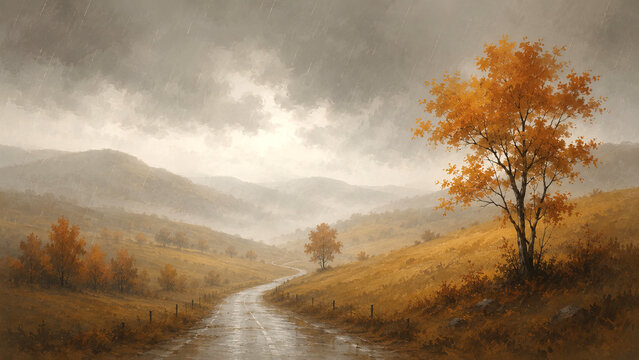 Rainy autumn road among hills with a yellow tree and misty mountains