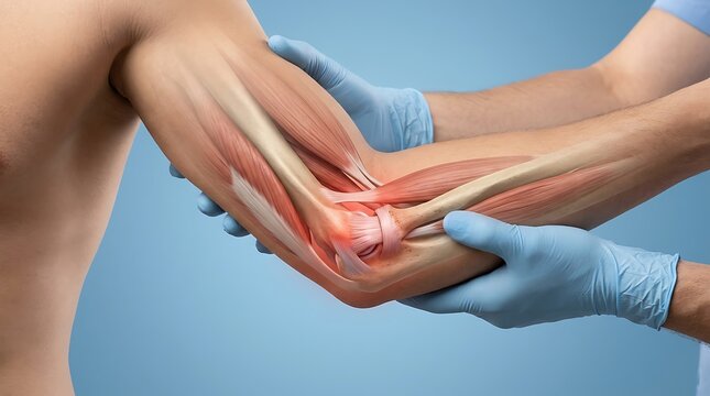Anatomical illustration displays human arm muscles and elbow joint anatomy while a medical professional examines the limb.