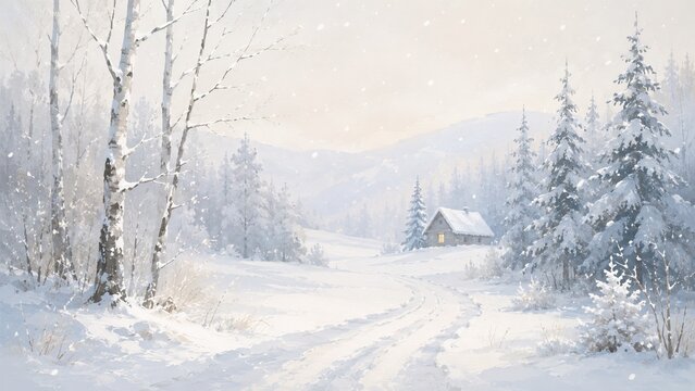 Snow-covered cottage among birches and firs during snowfall in a winter forest