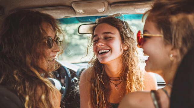 Three girls laughing joyfully in a car during a summer road trip