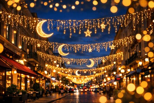 Ramadan street night scene with crescent moon and star lights for festive banner and holiday background showcasing warm bokeh and urban celebration decorations