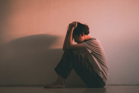 Man sitting alone on the floor holding his head in a dark room