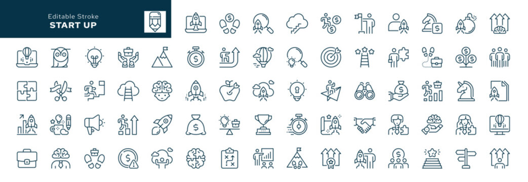 Start up outline icons set. Growth, starting a business, marketing, financial and career start. Line icon in linear style. Vector collection