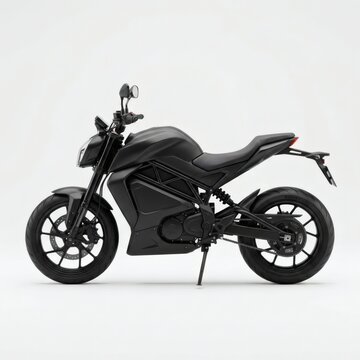 A sleek, modern black electric motorcycle with a minimalist design, parked on a white background.