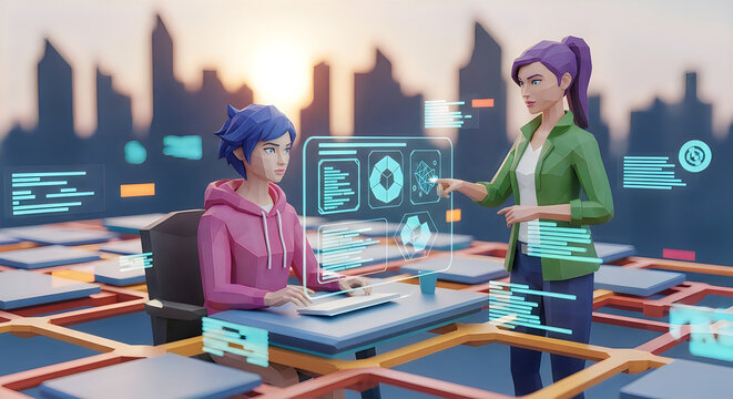 Female Tech Developers Working with Futuristic Hologram Interface