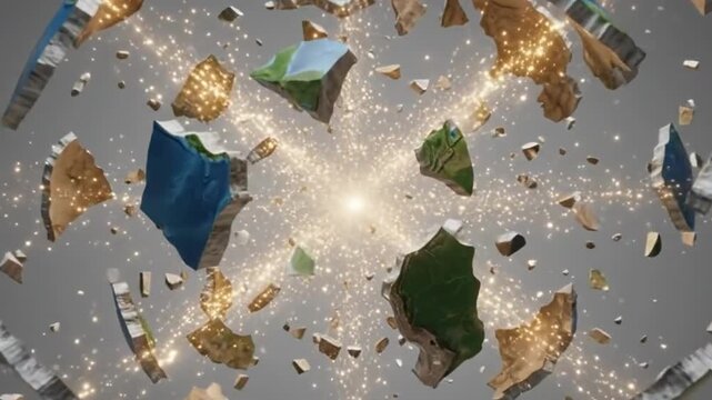Zoom in on rotating earth exploding into fragments in outer space