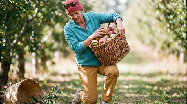 Man picking apples and kneeling in an orchard with a basket  