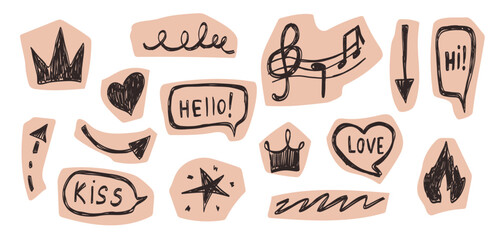 Fototapeta premium Cut out and torn collage paper with doodle hand drawn elements of crown, arrow, speech bubble with text. Scrapbook stickers in different shapes in y2k style