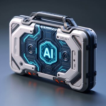 Futuristic AI tool case with blue neon lights and metallic design  