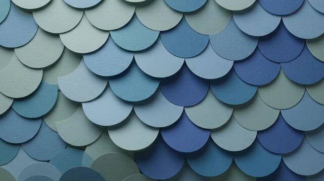 Static shot of colorful paper scales shifting from green to blue gradient indoors