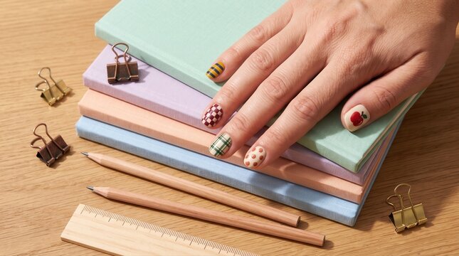 Hand with creative back to school nail designs, showcasing fun patterns like apples and plaid. This stylish lifestyle trend is perfect for students.