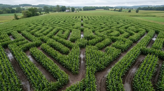Drone view of large green corn maze in countryside