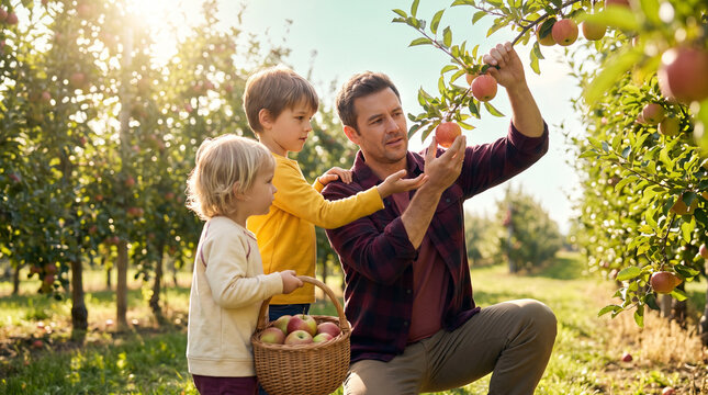 Father and children picking apples in sunny orchard during autumn  