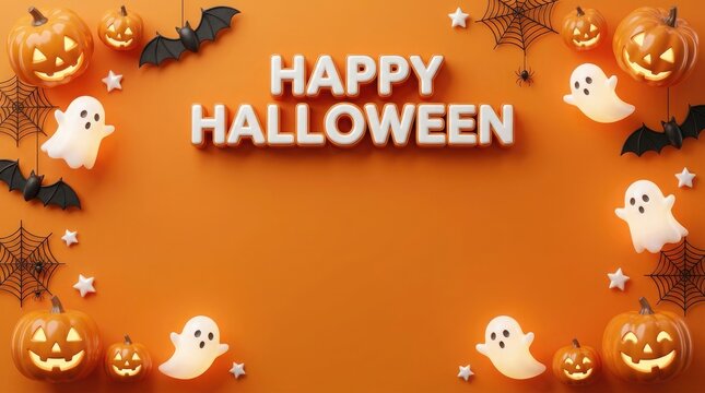 Happy halloween greeting with ghosts and bats