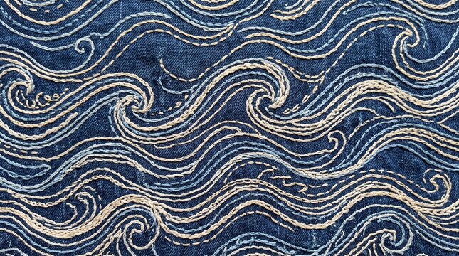 Embroidered ocean wave pattern on blue denim fabric texture sashiko style background, generative AI