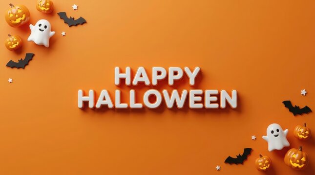 Happy halloween greeting with ghost and pumpkin