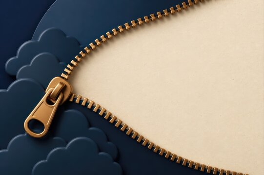 Golden zipper opening on navy cloud texture with copy space