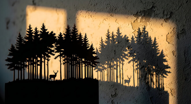 Forest silhouette with deer casting shadow on wall at golden hour