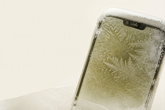 Frozen Smartphone Covered in Frost on a Cold Winter Background