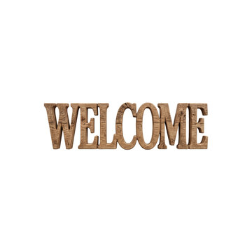 Welcome text in wooden style letters, rustic brown wood typography, isolated on white. Natural material texture for home decor, interior design, and greeting concepts.