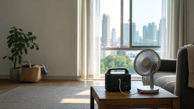 A portable battery powering a small fan during a summer apartment blackout, wide commercial view, for climate communication and stock use