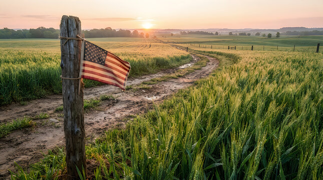 American flag hanging on a wooden post in a grassy field during a beautiful golden sunset