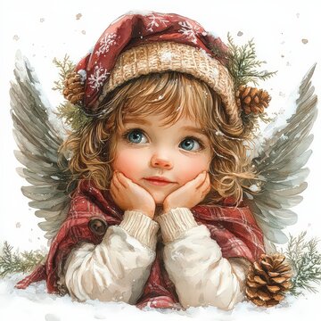 Cute Baby Angel in Snow &ndash; Watercolor Christmas Portrait