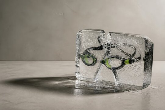 Frozen swim goggles in ice block concept still life