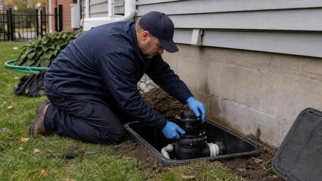 A plumber testing a residential sewer backflow prevention valve, environmental documentary view, for climate communication and stock use