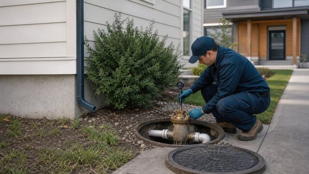 A plumber testing a residential sewer backflow prevention valve, wide establishing view, for reports, campaigns and editorial design