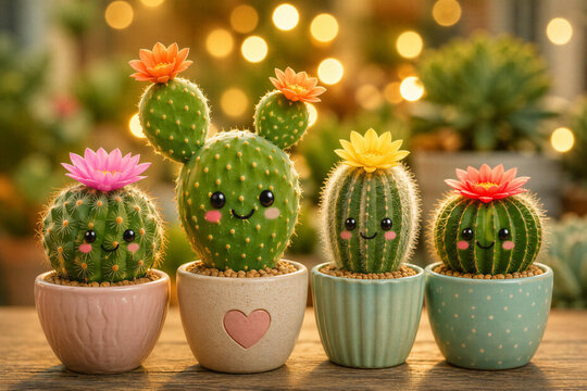 Kawaii Blooming Cactus Trio with Smiling Faces - Cute Potted Succulents with Pink Orange Yellow Flowers in Pastel Ceramic Pots and Bokeh Lights Background