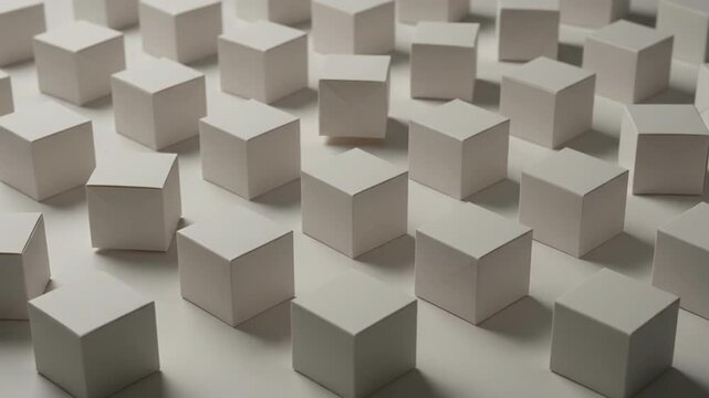 Slowly panning shot over abstract geometric pattern of white paper blocks on tabletop