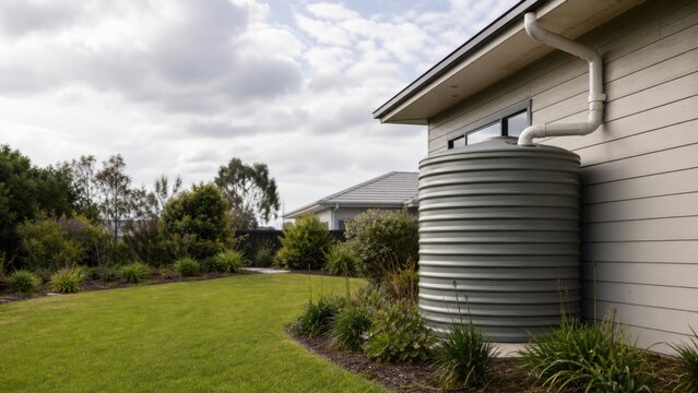A rainwater storage tank connected to a modest suburban home, wide commercial view, for property resilience and climate adaptation campaigns
