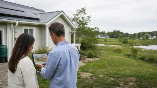 A homeowner and engineer reviewing a generic home resilience plan on a tablet, wide commercial view, for climate communication and stock use