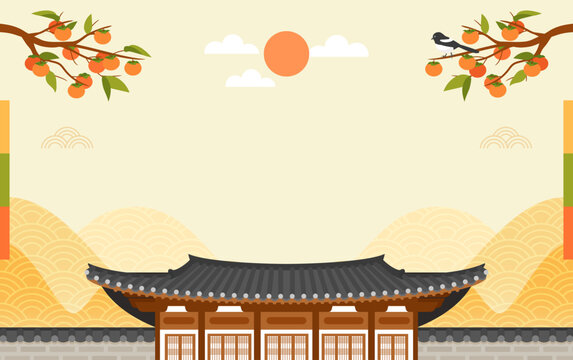 Chuseok or Hangawi background vector illustration, Persimmon tree with traditional Korean house. Korean Mid-Autumn harvest festival