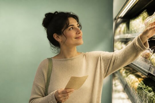Woman Shopping for Produce in a Bright Supermarket Aisle