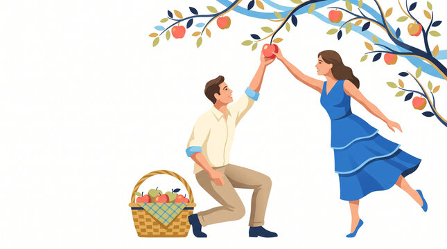 Couple picking apples on a romantic date in an orchard  