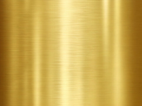 Brushed gold metal texture with light reflections. Polished yellow metallic surface background. Luxury golden steel plate for industrial design.
