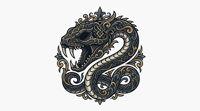 Ornate coiled serpent illustration with detailed filigree patterns, sharp fangs, and baroque scrollwork in a circular crest layout. Dark fantasy snake vector with intricate knotwork.