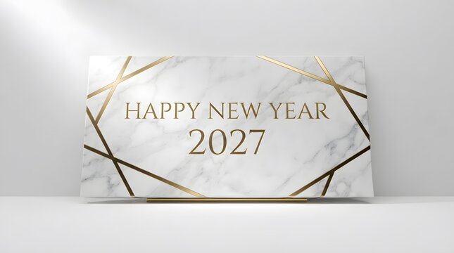 Happy new year 2027 greeting card with gold geometric lines on a white marble stone texture
