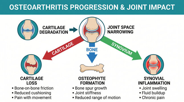 Osteoarthritis progression and joint impact diagram showing cartilage degradation and bone changes