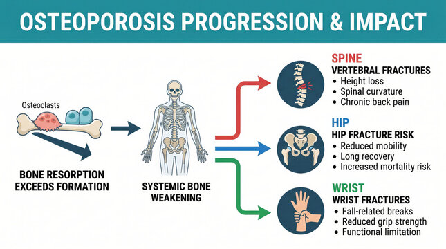 Osteoporosis progression and its impact on spine hip and wrist fractures