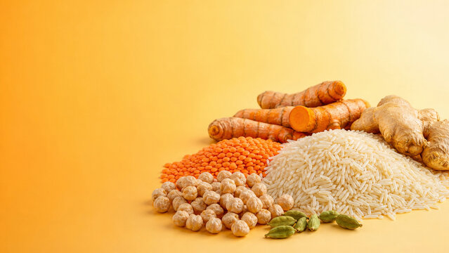Assortment of Indian pantry staples including rice, lentils, chickpeas, and spices