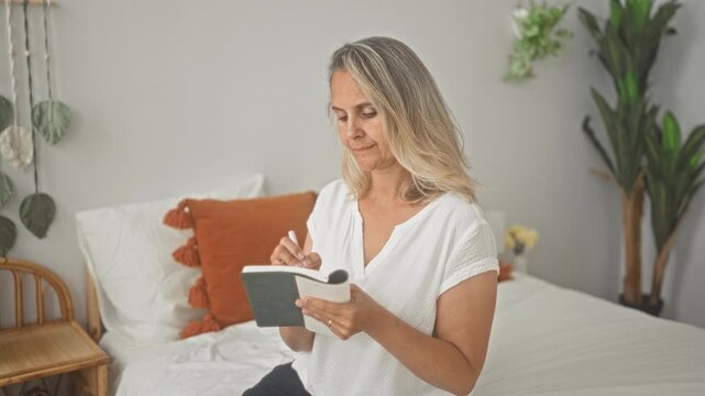 Woman, middle age blonde, writing in notebook with pen, hand visible, seated on bed in studio; reflection mindfulness calm.