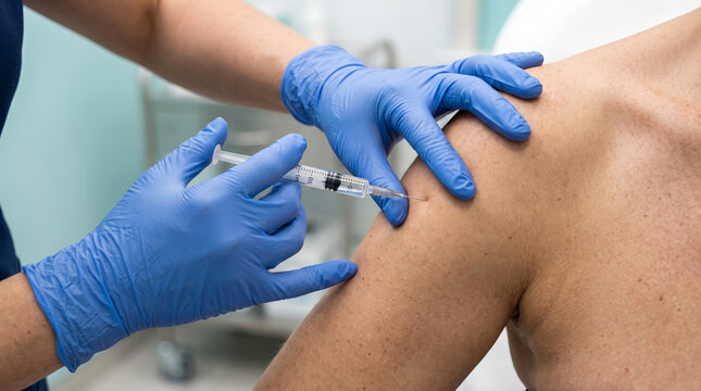 Healthcare professional administers injection into patient's shoulder with blue gloves