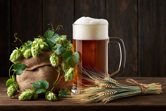 Beer mug with foam beside hops and wheat stalks on black background, brewing ingredients still life
