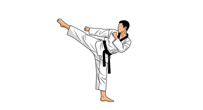 Man in karate stance kicking leg.
