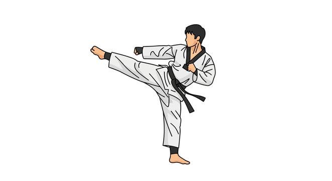Man in karate uniform kicking high.
