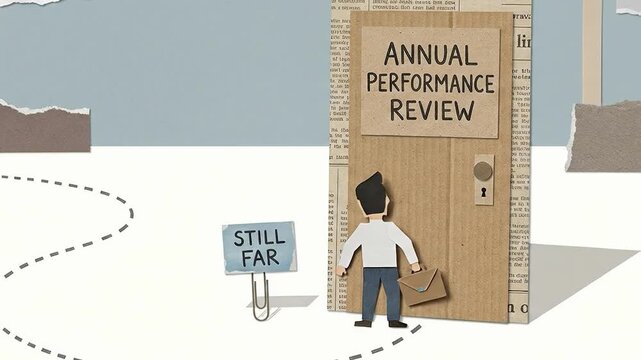 Stop motion sequence of animated character approaching and entering cardboard office building in desert
