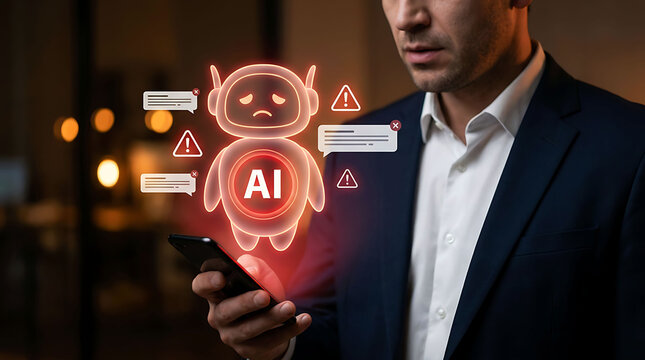Frustrated businessman looking at smartphone with sad AI robot error projection
